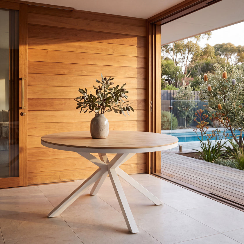 CDT10310-ID 1.4m Round Sand White Outdoor Dining Table - Natural