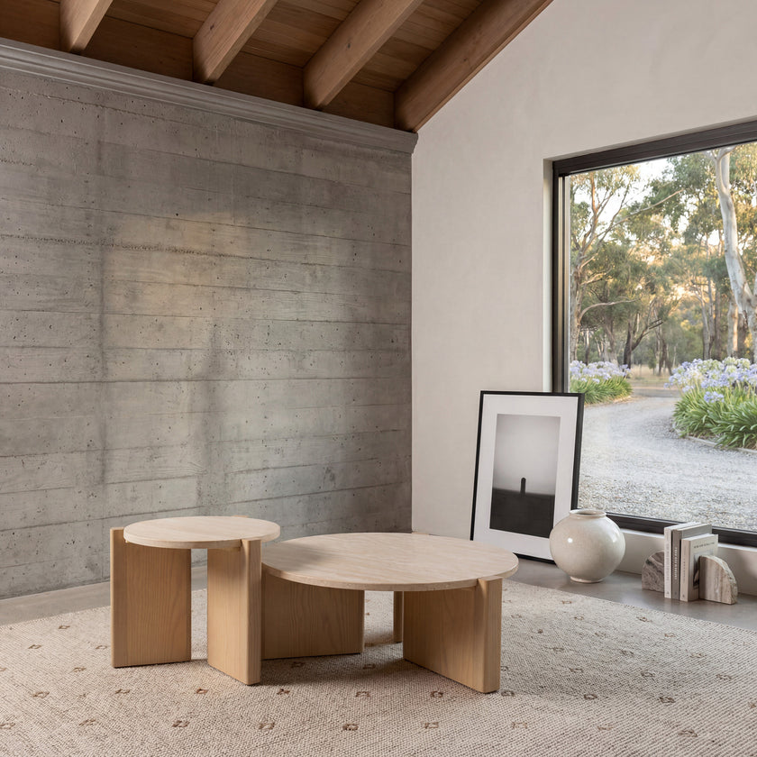 CCF8743-KK Travertine Top Round Nested Table - Creme Ash