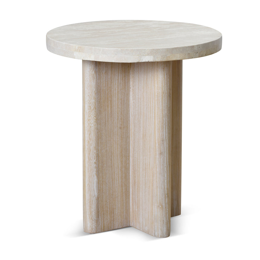 CST8665-NI Travertine Marble Round Side Table - White Wash