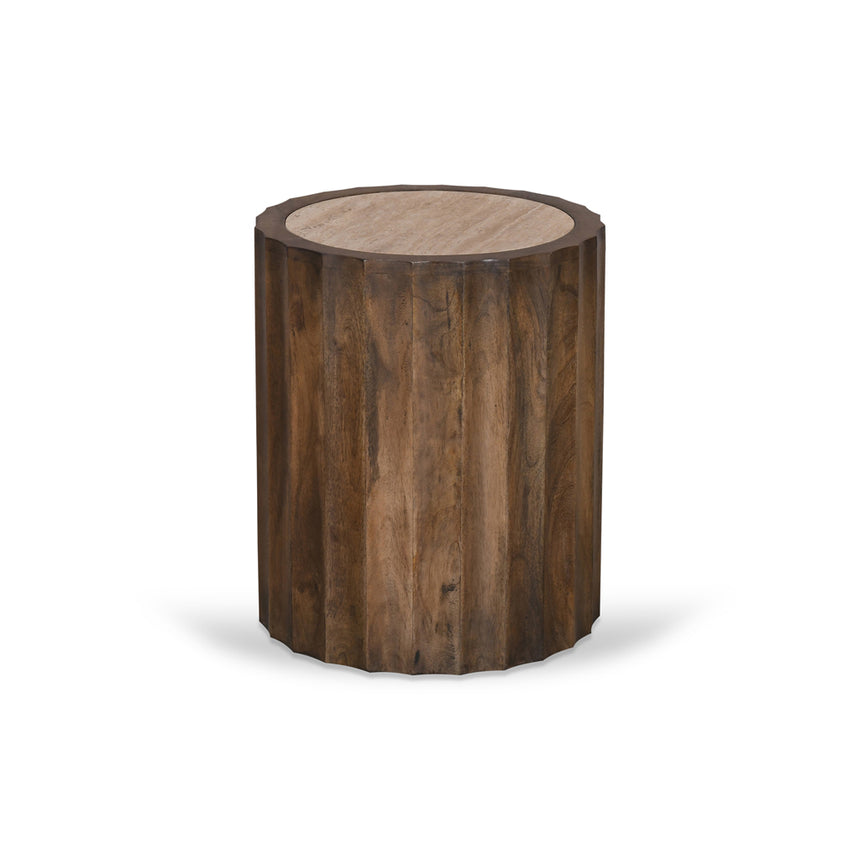 CST8723-RB 45cm Travertine Top Round Side Table - Walnut