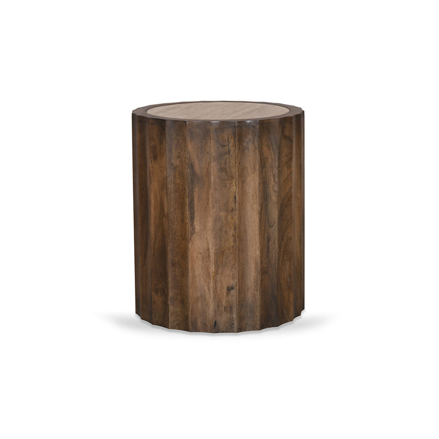 CST8723-RB 45cm Travertine Top Round Side Table - Walnut